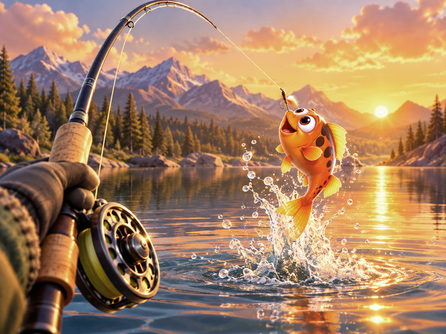 Master Angler gameplay — casting a line as a fish leaps from the water at sunset